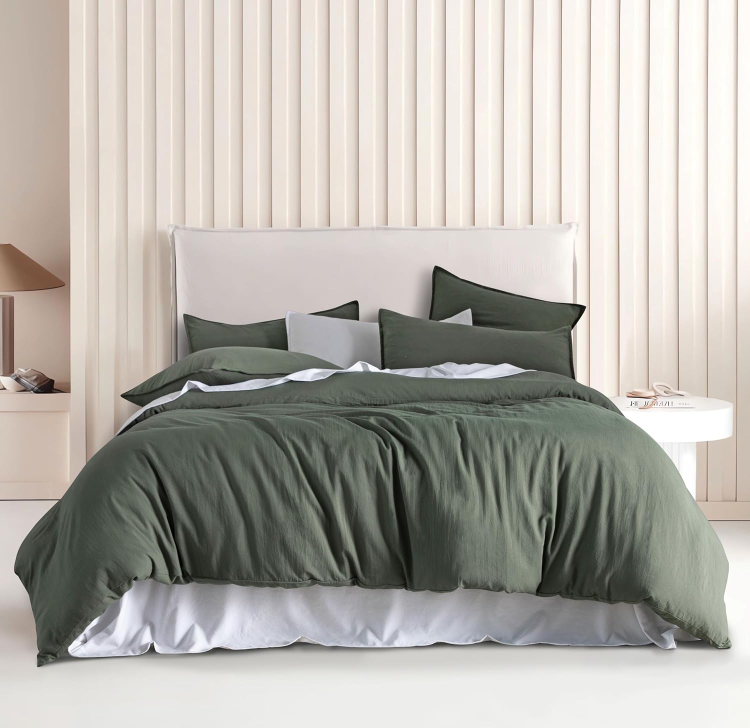 V439-SKQSKHAKIWM-191186-00 Vintage Washed Microfibre Quilt Cover Set (3Pcs) - Khaki Green - Super King Size - Image 1