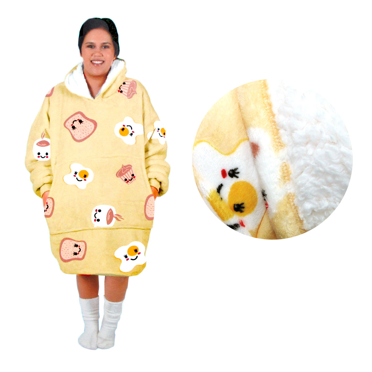 V442-ABR-BLANKET-ADULTHOODIEBREKKIE-YELLOW-SH-96956-00 Adult Women Comfy Warm Blanket Hoodie with Sherpa Fleece Reverse Yellow Brekkie Time - Image 1
