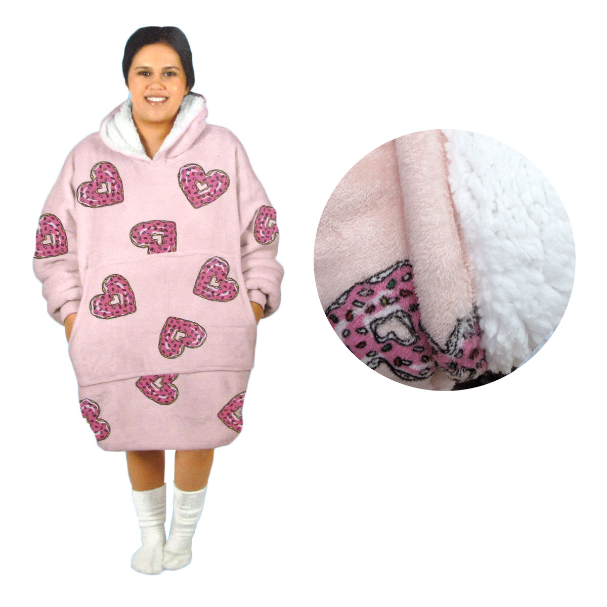 V442-ABR-BLANKET-ADULTHOODIEHEARTS-PINK-SH-96957-00 Adult Women Comfy Warm Blanket Hoodie with Sherpa Fleece Reverse Pink Hearts - Image 1