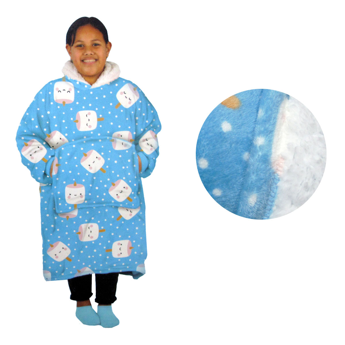 V442-ABR-BLANKET-GHOODIEMARSHMALLOW-BLUE-SH-96963-00 Girls Comfy Warm Blanket Hoodie with Sherpa Fleece Reverse Marshmallow - Image 1
