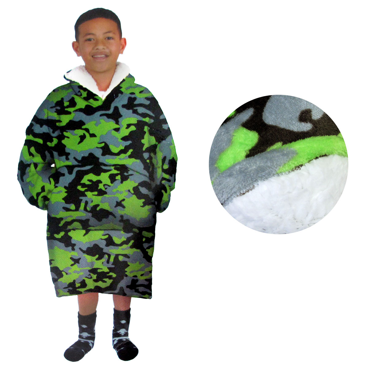 V442-ABR-BLANKET-KIDSHOODIECAMOUFLAGE-GREEN-SH-96609-00 Blanket Hoodie with Sherpa Reverse Green Camouflage - Image 1