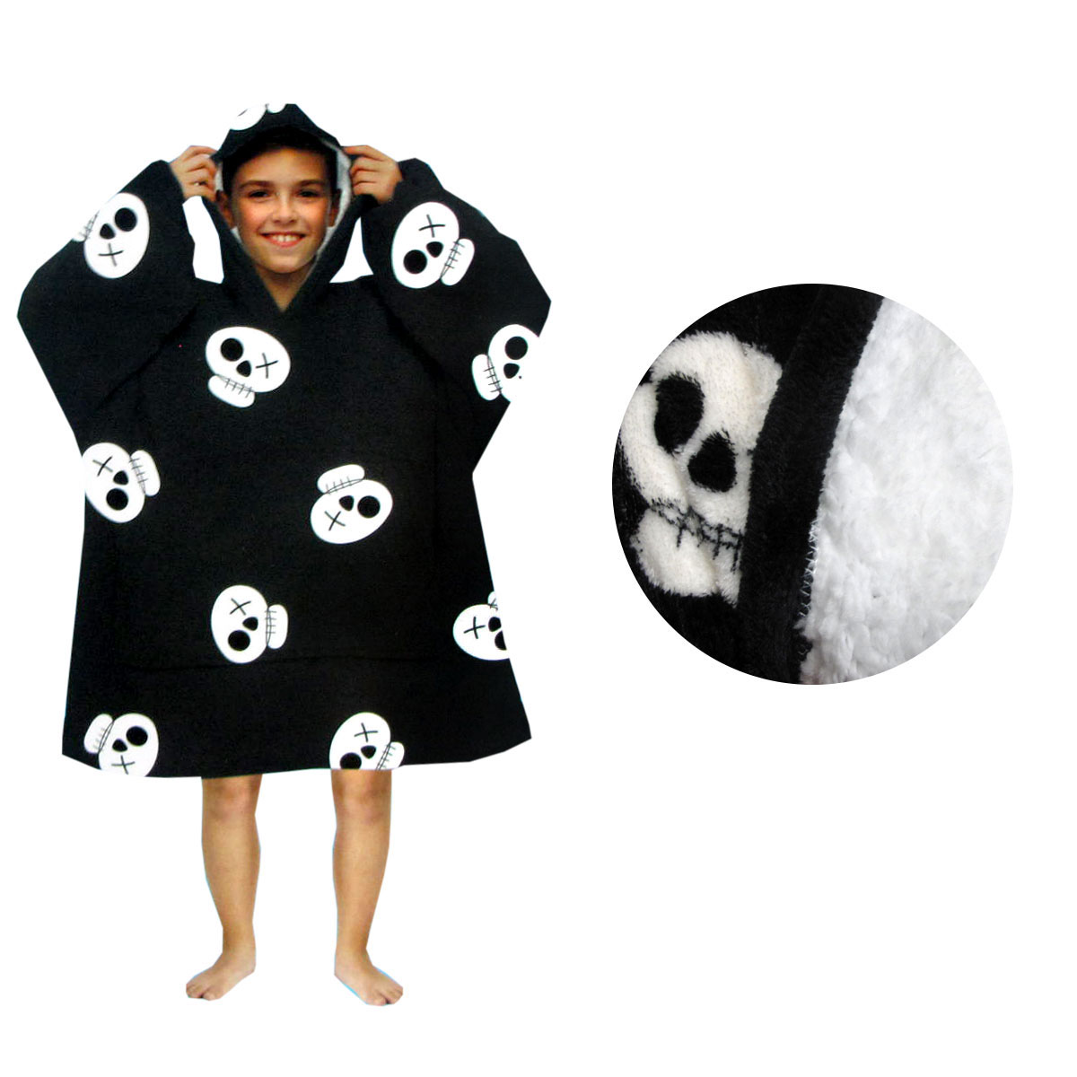 V442-ABR-BLANKET-KIDSHOODIESKULLS-BLACK-SH-96612-00 Blanket Hoodie with Sherpa Reverse Black Pirate Skulls - Image 1