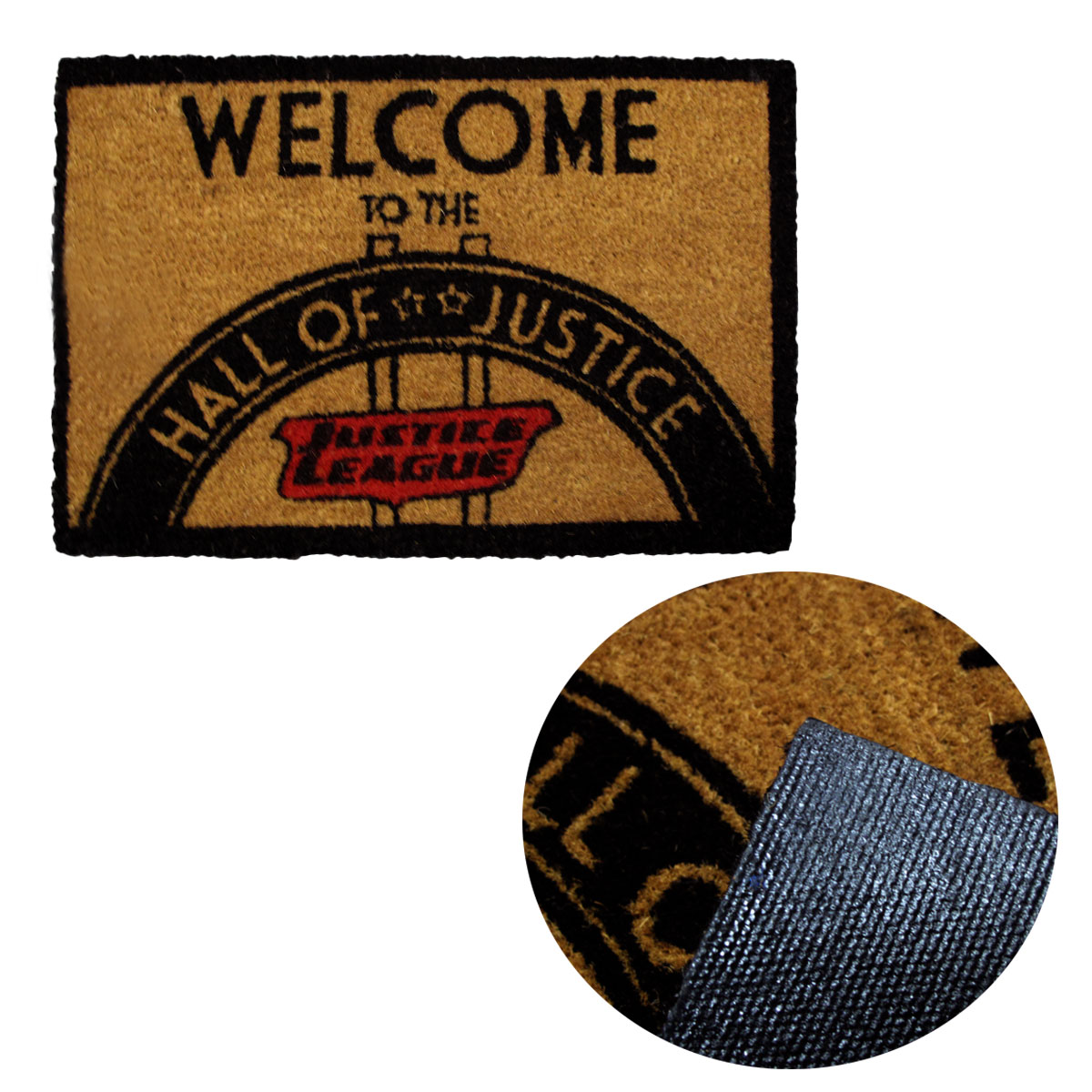 V442-ABR-FLOORR-HALLOFJUSTICE-MULTI-RE-96276-00 DC Comics Coir Door Mat - Hall Of Justice - Image 1