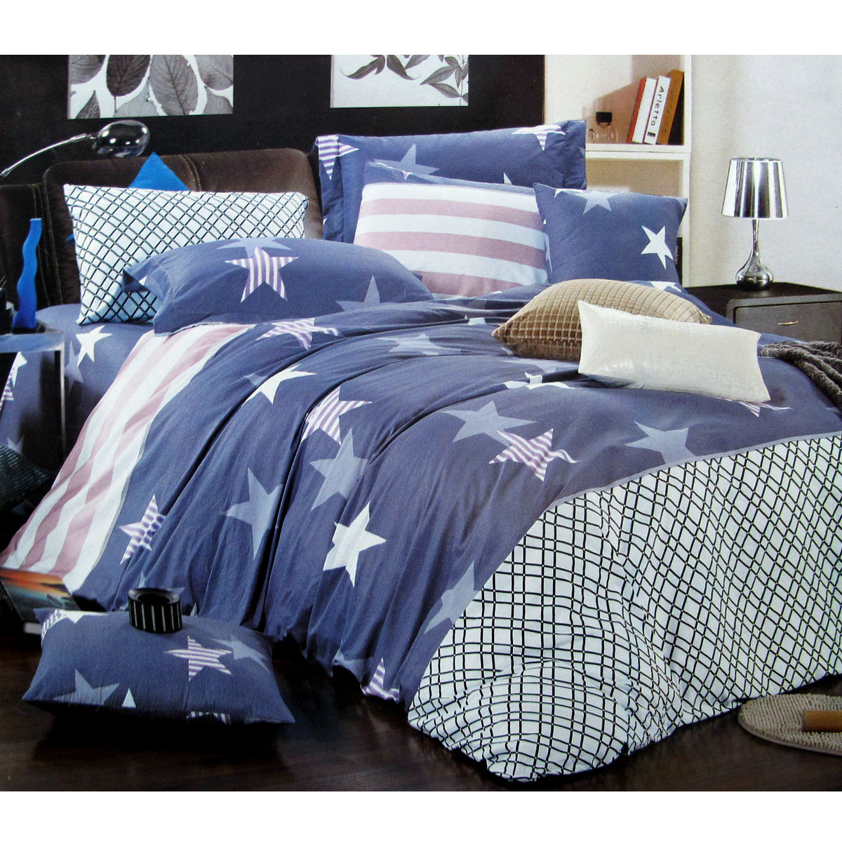 V442-ABR-QUILTCS-STARRYLOVE-BLUE-SB-96782-00 310TC Starry Love Cotton Printed Quilt Cover Set Single - Image 1