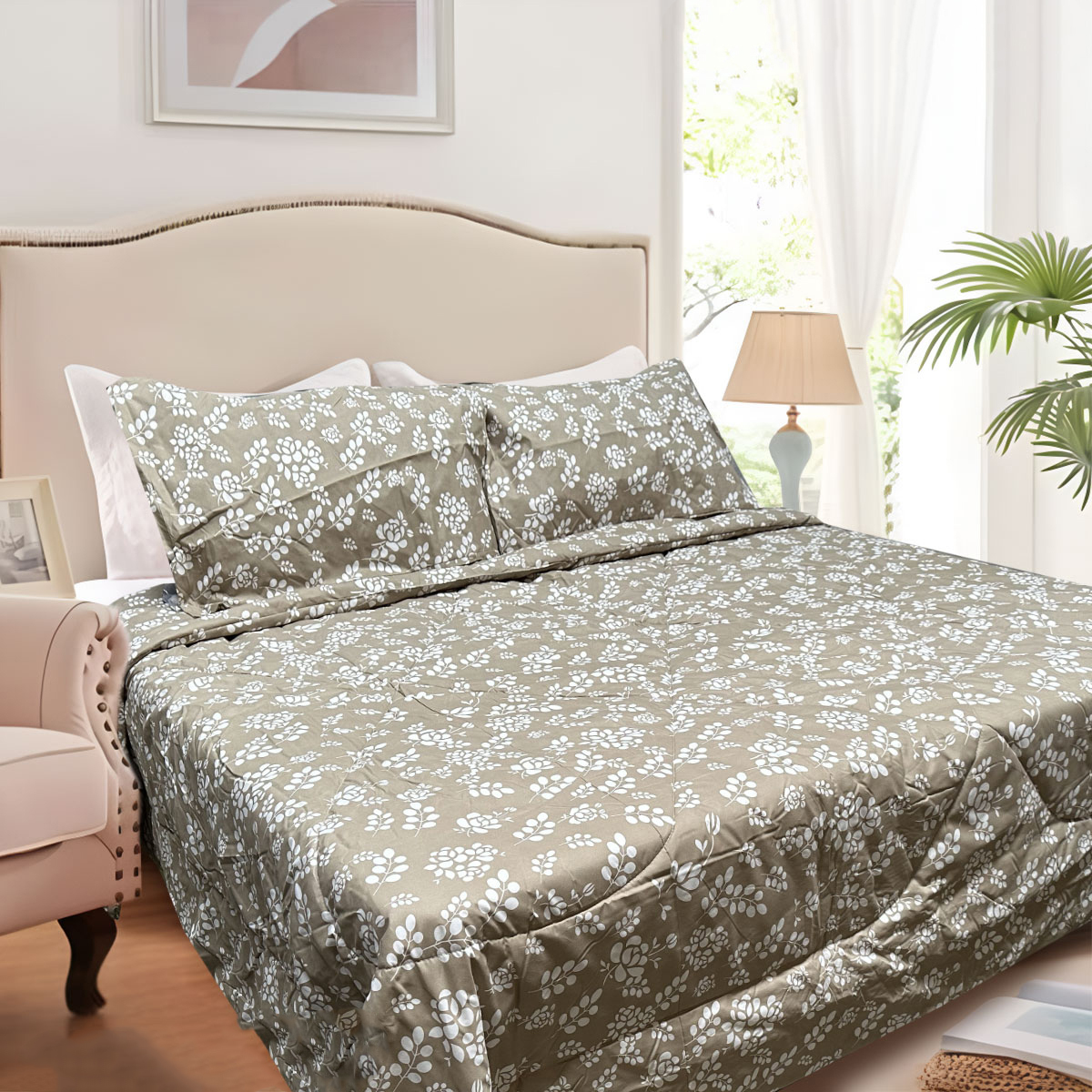 V442-ATX-COMFORTER-CORBETTC6-KHAKI-QS-97449-00 Hotel Living 3 Pce Light Weight Comforter Set Queen/King Corbett Floral Outlines - Image 1