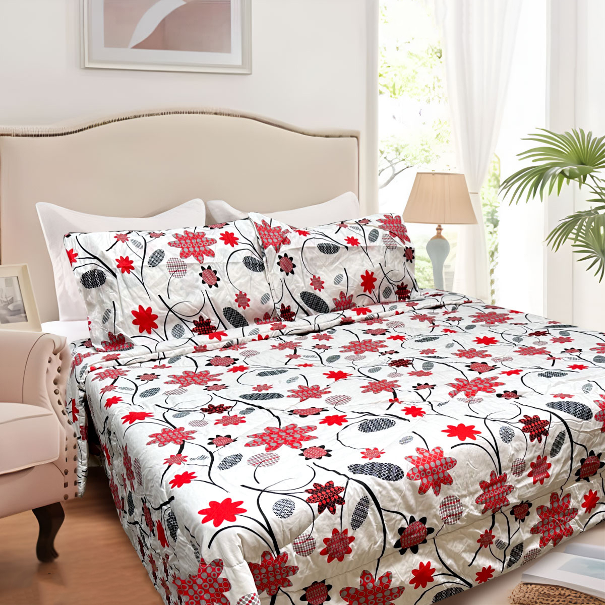 V442-ATX-COMFORTER-CORBETTC8-RED-QS-97447-00 Hotel Living 3 Pce Light Weight Comforter Set Queen/King Corbett Floral Circles - Image 1