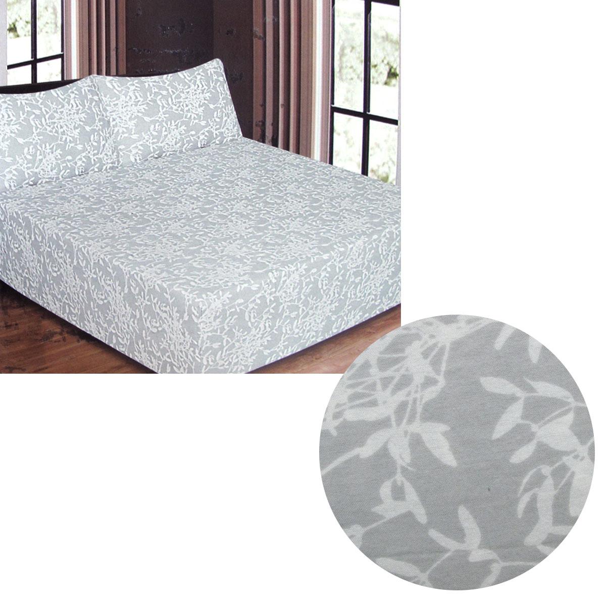 V442-ATX-FITTEDSS-CFLEAVES-SILVER-QS-173791-00 ICF Store Cotton Flannel Combo Fitted Sheet Set Queen Leaves - Image 1