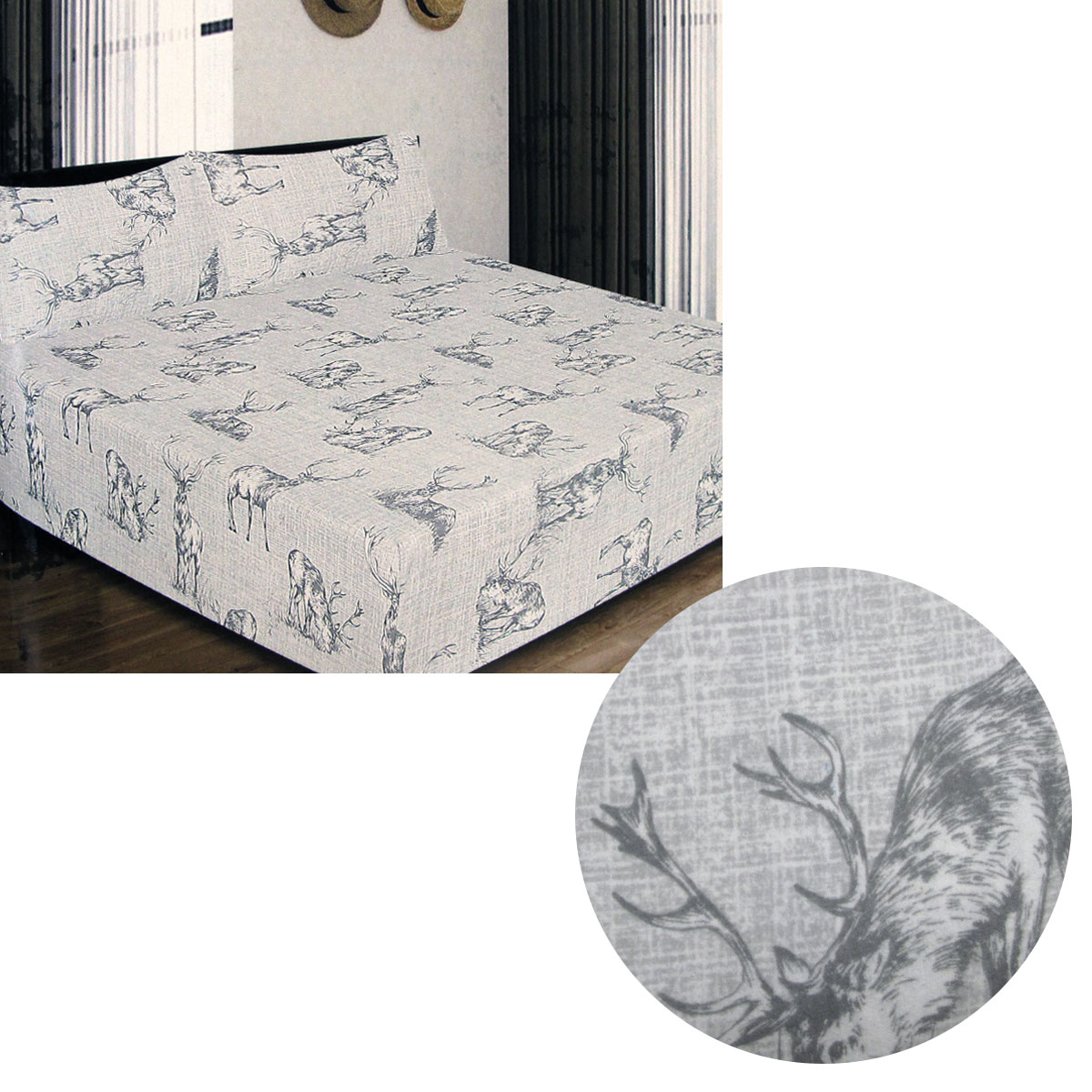 V442-ATX-FITTEDSS-CFSTAGDEER-SILVER-QS-173789-00 ICF Store Cotton Flannel Combo Fitted Sheet Set Queen Stag Deer - Image 1