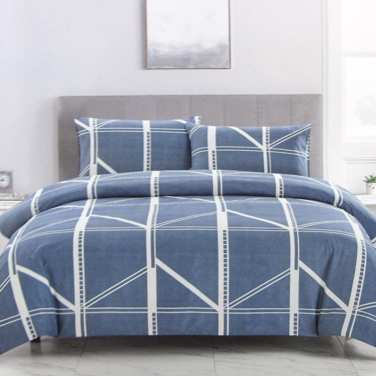 V442-ATX-QUILTCS-HAROLD-BLUE-KI-208733-00 Artex Harold Blue Quilt Cover Set Geometric Pattern Reversible Printed Microfiber Polyester King - Image 1
