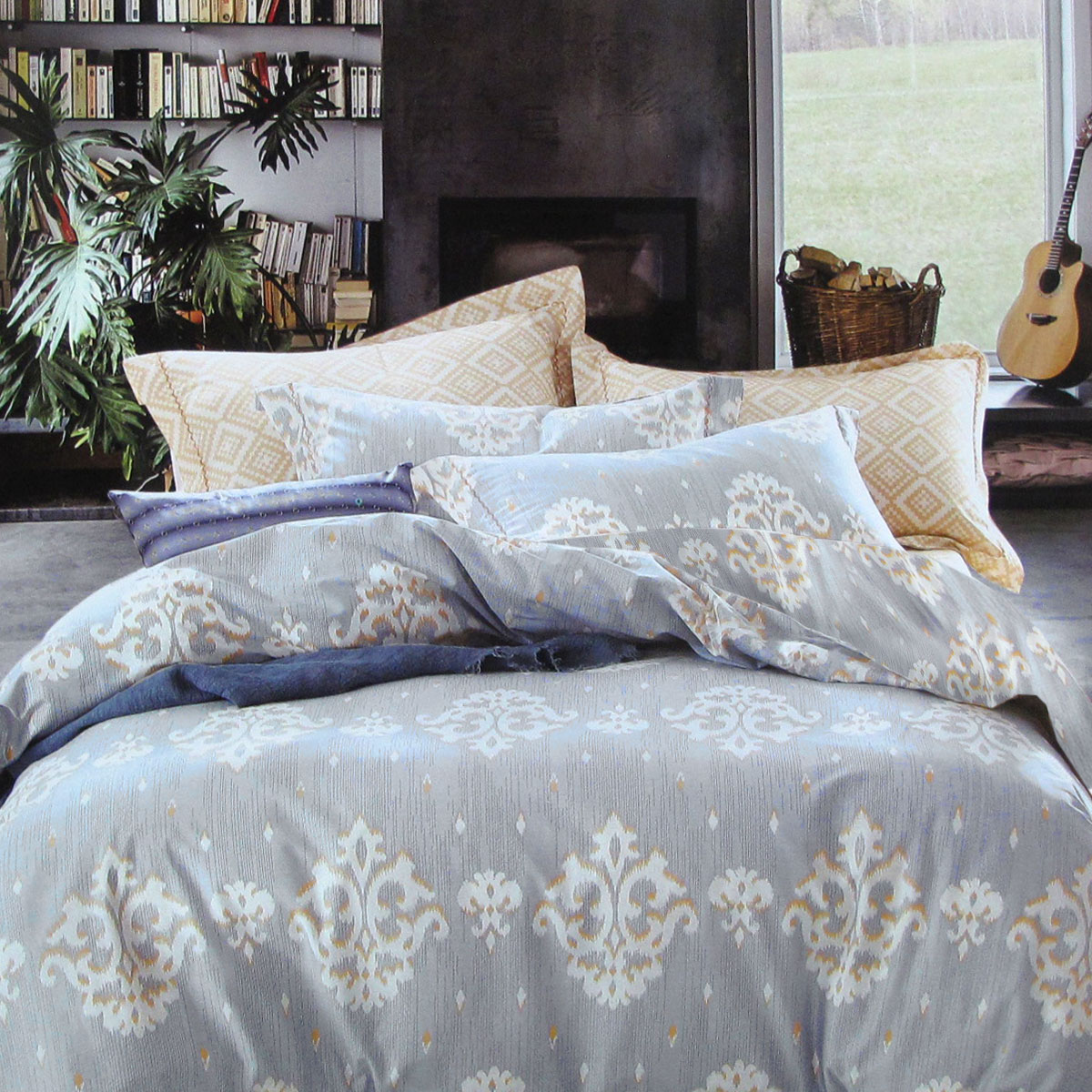 V442-ATX-QUILTCS-ROYALDAMASK-GREY-QS-95721-00 250TC Royal Damask Cotton Quilt Cover Set Queen - Image 1