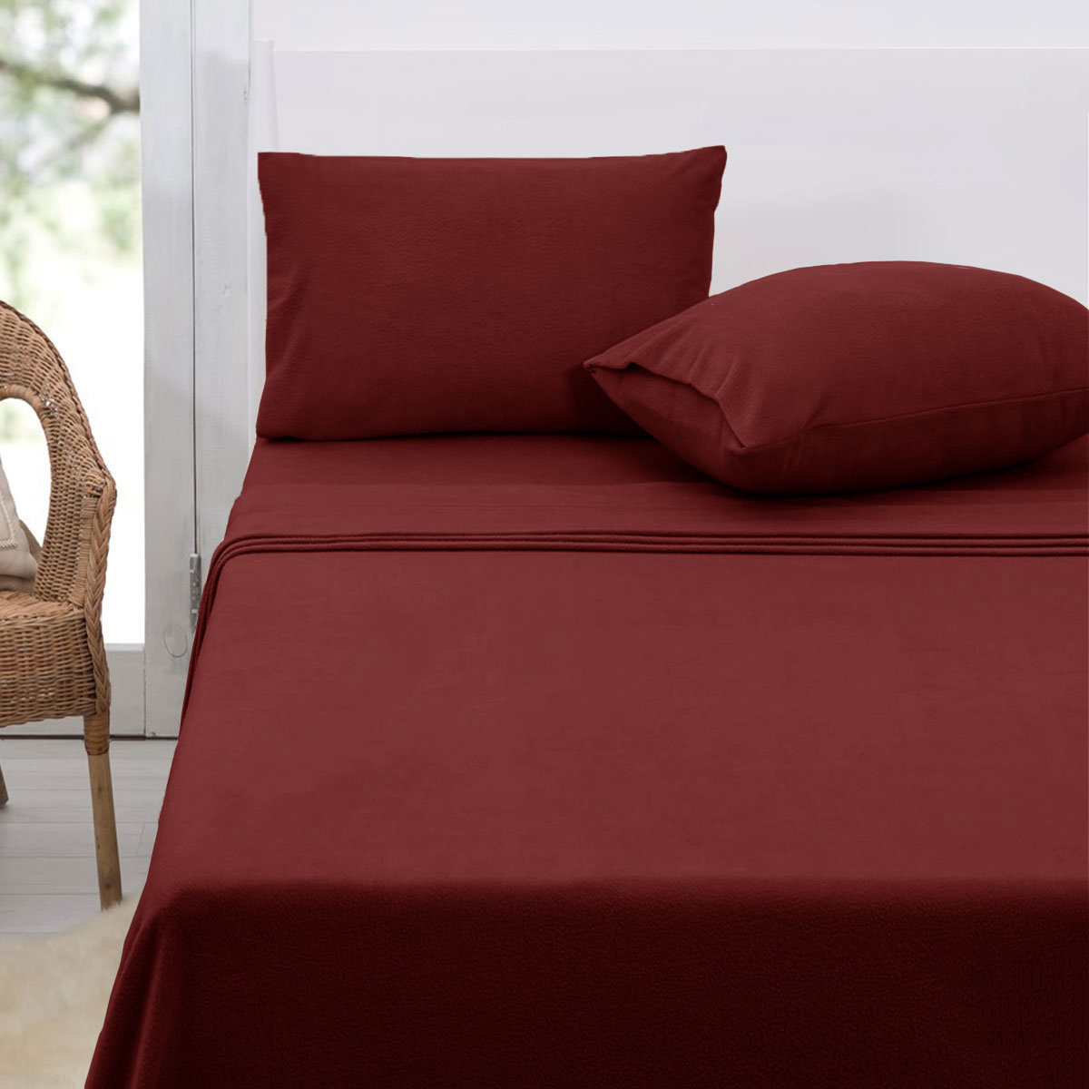 V442-ATX-SHEETS-POLARFLEECE-BURGUNDY-DS-79483-00 Polar Fleece Sheet Set Double 30cm Wall Burgundy - Image 1