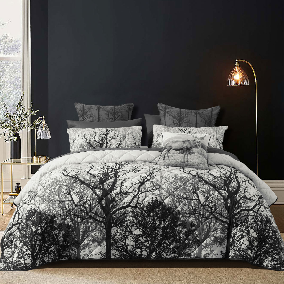 V442-BCA-COVERLETS-BOSCAGE-BLACK-DS-213167-00 Bianca Boscage Black Forest Printed Quilted Polyester Coverlet Set Single/Double - Image 1