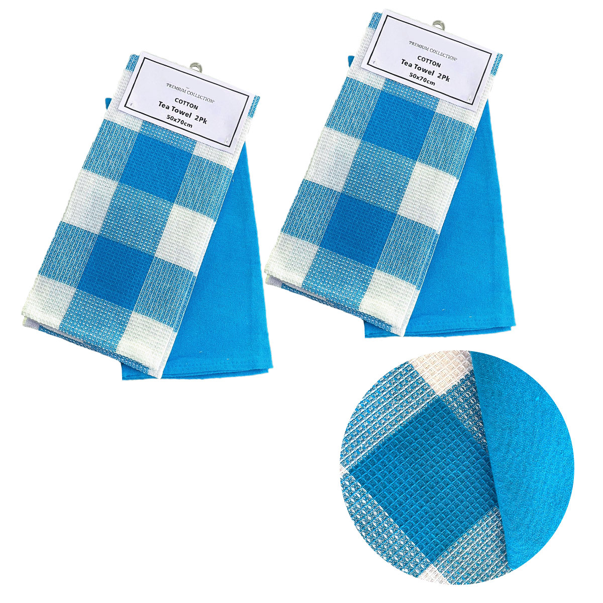 V442-BZO-TEAT-WAFFLECHECK-AQUA-RE-97815-00 Set of 4 Cotton Waffle Checkered & Plain Dyed Tea Towels 50cm x 70cm Aqua - Image 1