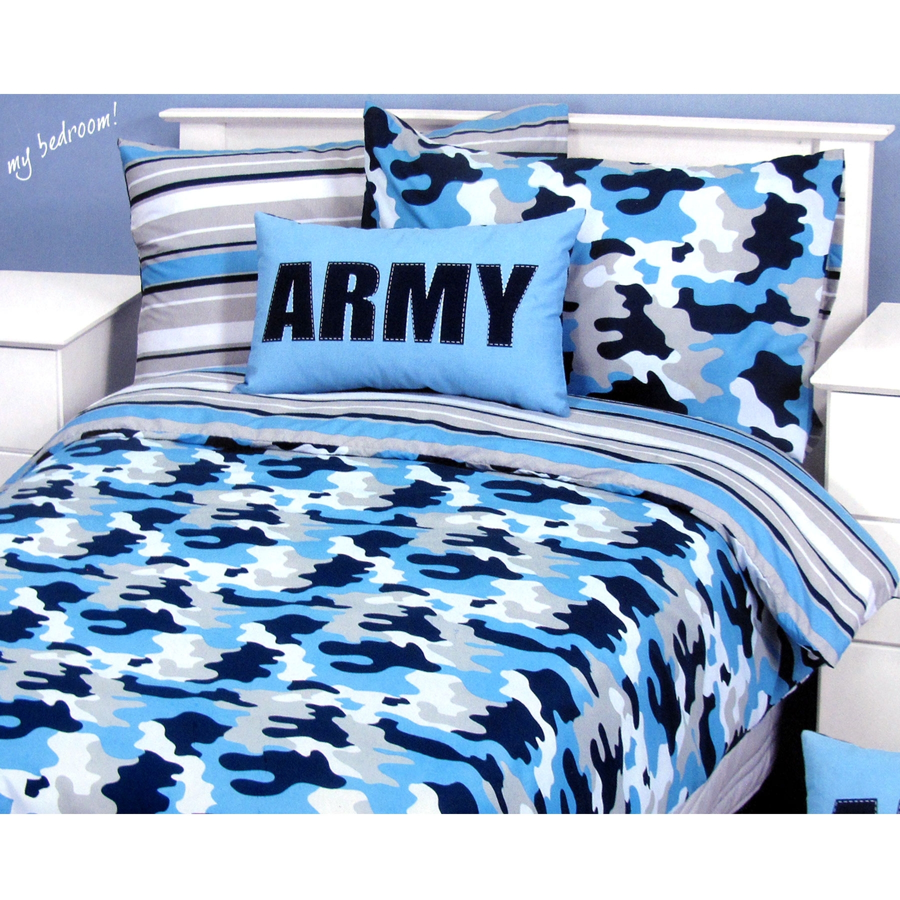 V442-CAP-QUILTCS-WORKSHOPARMY-BLUE-SB-97904-00 Army Camouflage Blue Quilt Cover Set Single - Image 1