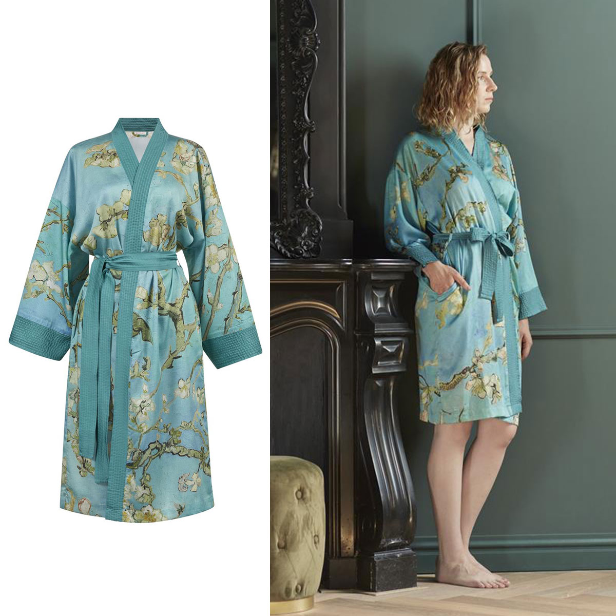 V442-HIN-BATHROBE-ALMONDBLOSSOM-BLUE-S-83585-00 Bedding House Van Gogh Almond Blossom Blue Kimono Bath Robe Small/Medium - Image 1
