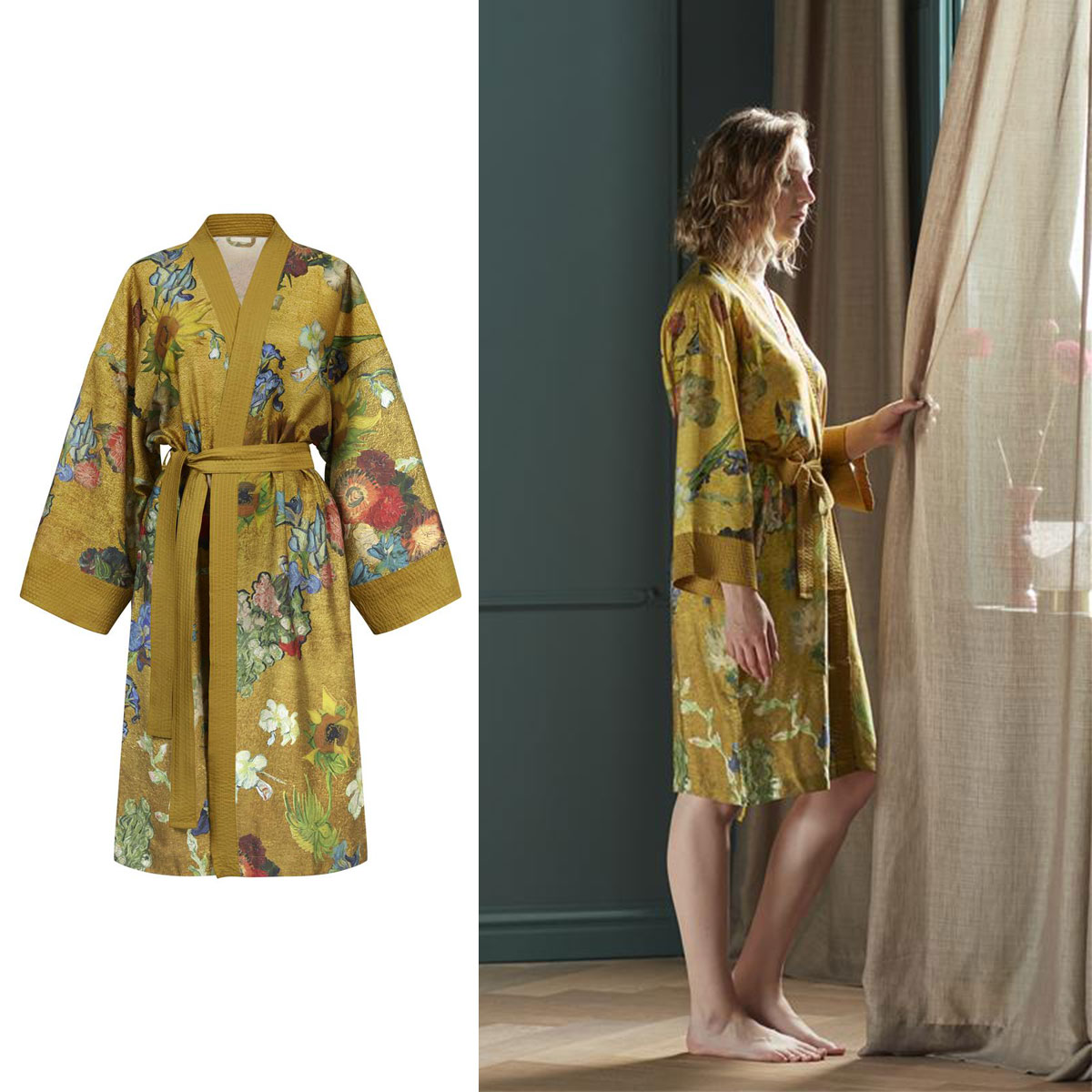 V442-HIN-BATHROBE-PARTOUTDESFLEURS-GOLD-S-83583-00 Bedding House Van Gogh Partout des Fleurs Gold Kimono Bath Robe Small/Medium - Image 1