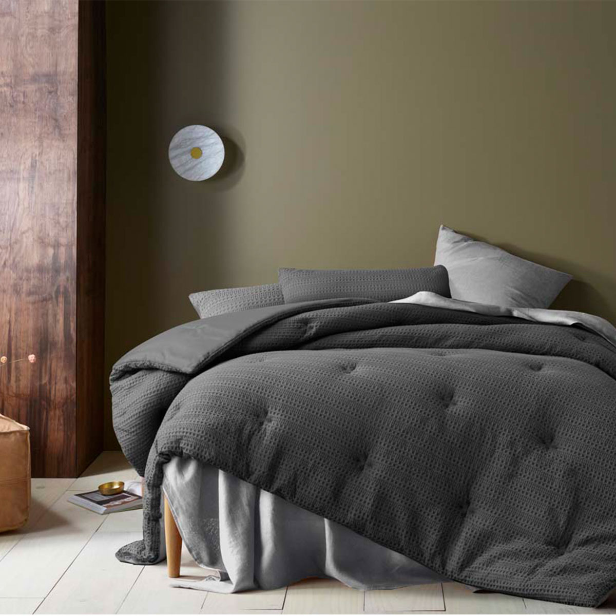 V442-HIN-COMFORTER-SOHOWAFFLE-DARKGREY-QS-158458-00 Accessorize Soho Waffle Dark Grey 3 Piece Comforter Set Queen - Image 1