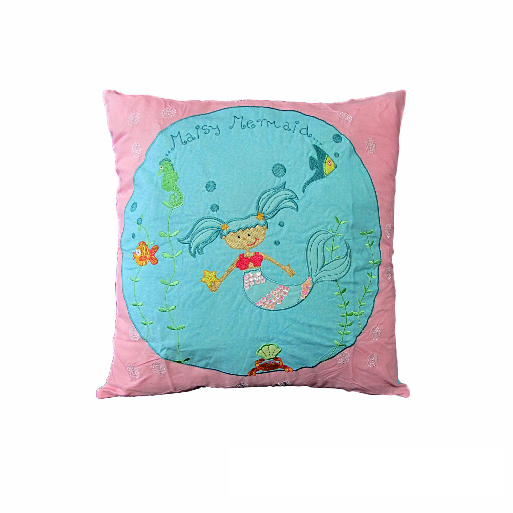 V442-HIN-CUSHION-SHELLEYMERMAID-PINK-SQ-82431-00 Happy Kids Shelley Mermaid 43x43 cm Square Cushion - Image 1