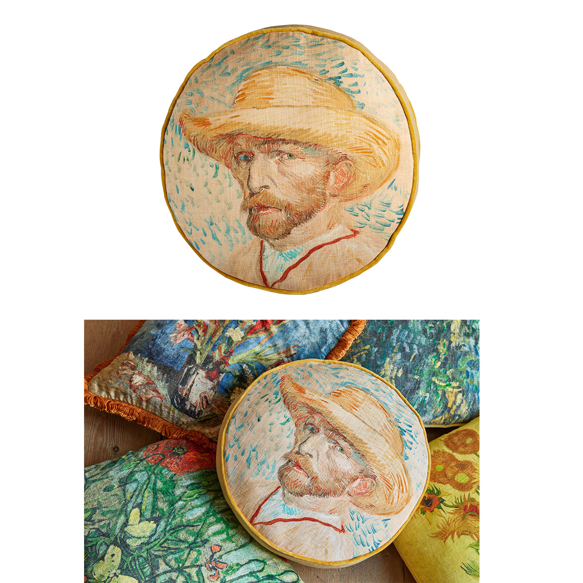 V442-HIN-CUSHION-VANGOGHSELFPORTRAIT-MULTI-RD-83277-00 Bedding House Van Gogh Self Portrait Round Cushion - Image 1
