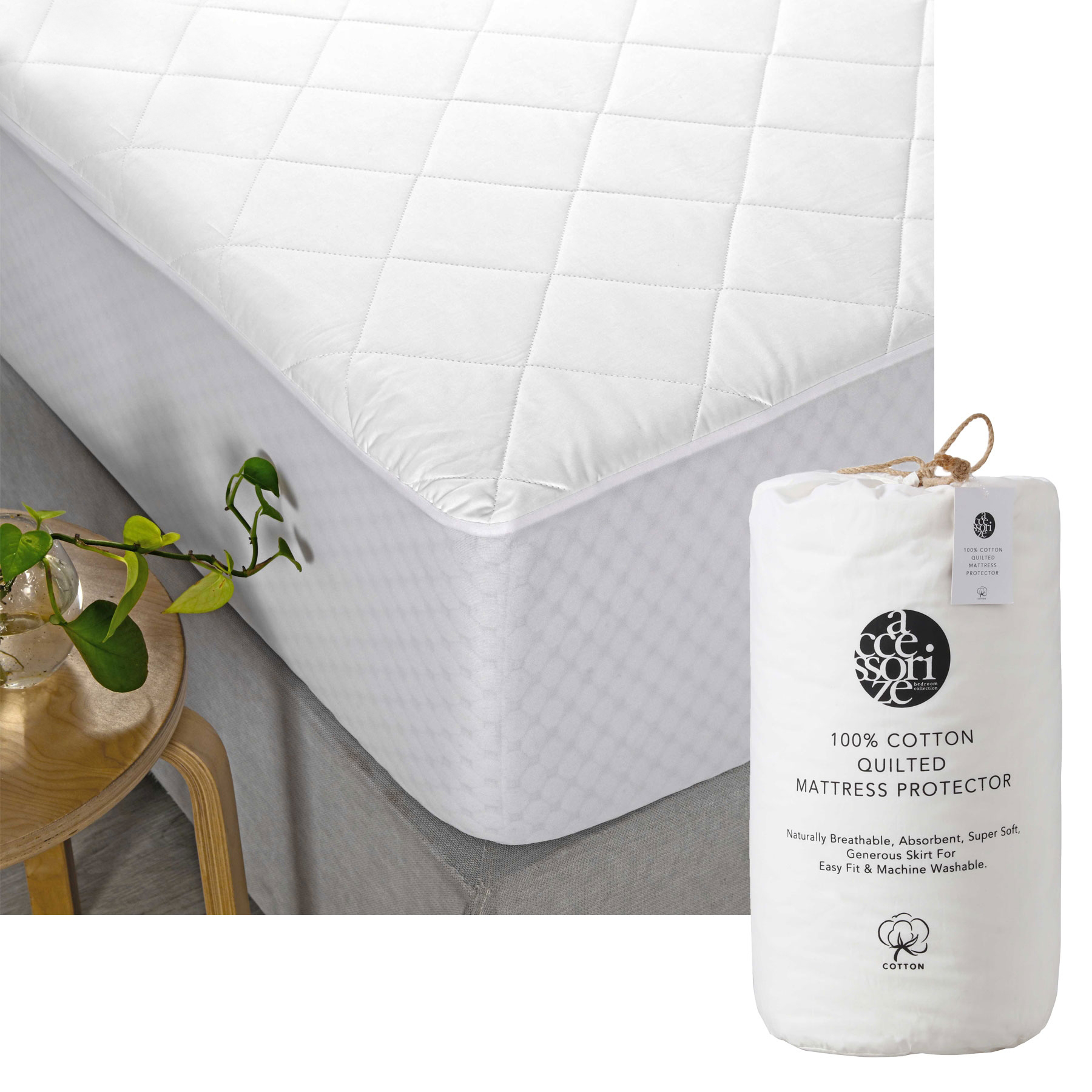 V442-HIN-MATTRESSP-COTTONQUILTED-WHITE-DS-82411-00 Accessorize Cotton Quilted Mattress Protector Double - Image 1