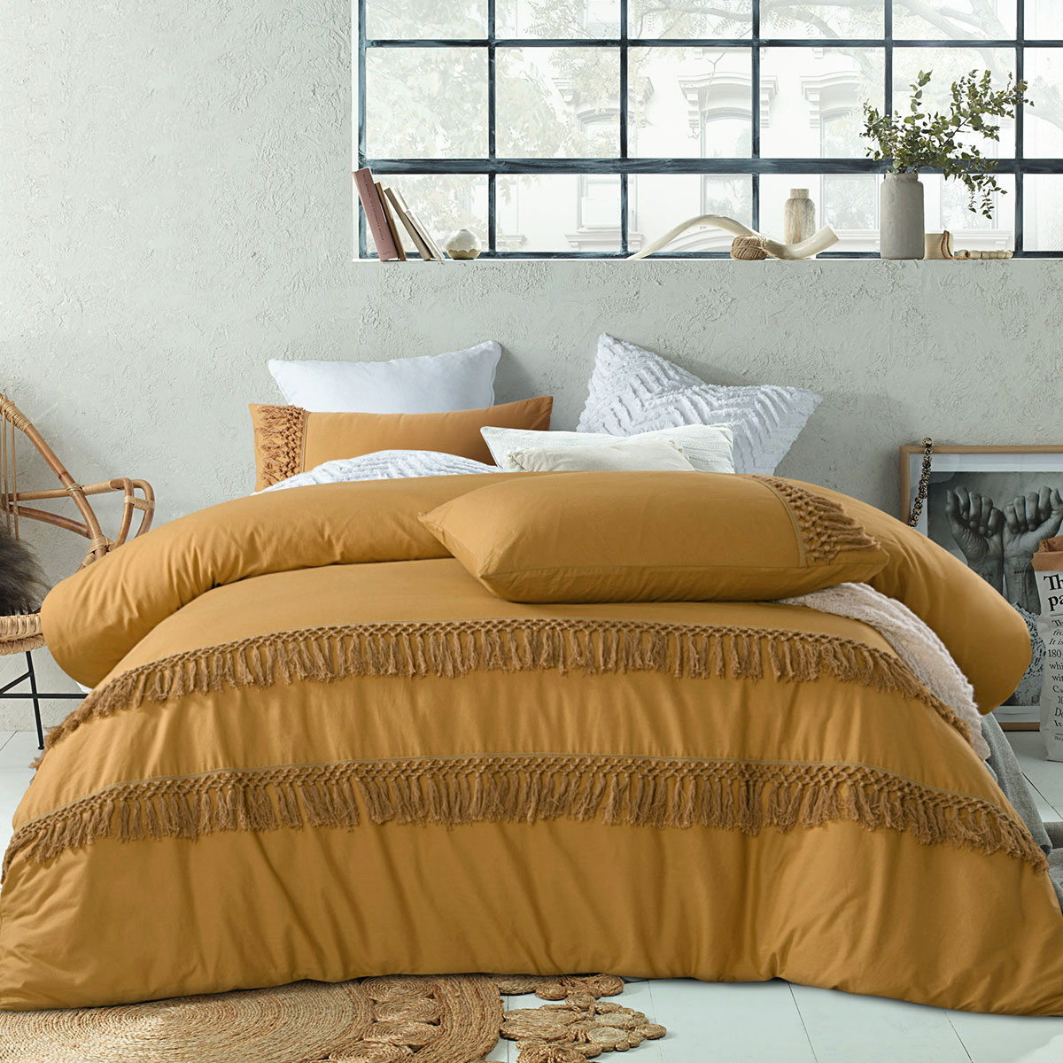 V442-HIN-QUILTCS-BOHO-OCHRE-QS-83327-00 Vintage Design Homewares Boho Ochre Cotton Tassel Quilt Cover Set Queen - Image 1