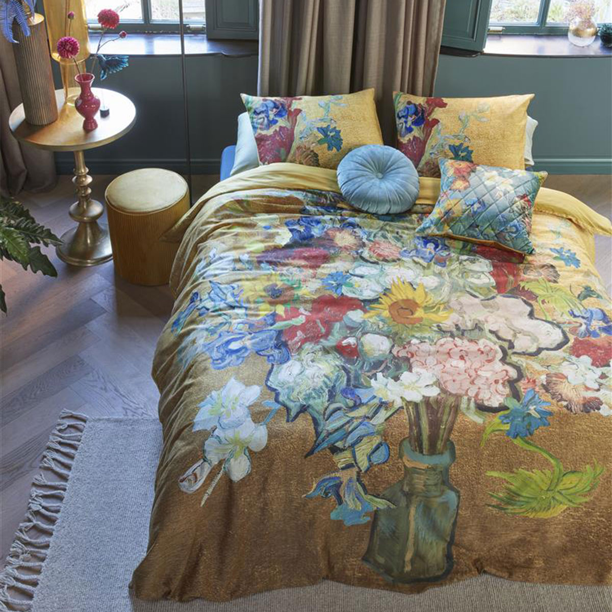 V442-HIN-QUILTCS-BOUQUETDANNIVER-GOLD-KI-202918-00 Bedding House Van Gogh Bouquet d'Anniversaire Gold Cotton Sateen Quilt Cover Set King - Image 1