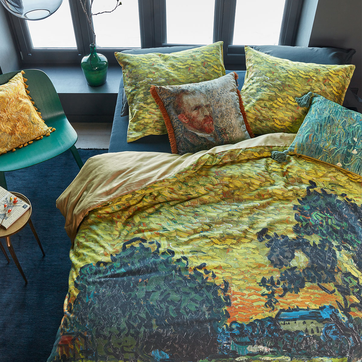 V442-HIN-QUILTCS-EVENINGTWILIGHT-OCHRE-QS-202920-00 Van Gogh Evening Twilight Ochre Cotton Sateen Quilt Cover Set Queen - Image 1
