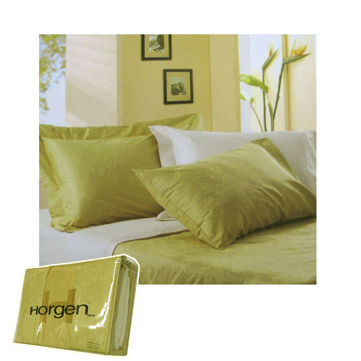 V442-HIN-QUILTCS-HORGENVINELET-GREEN-KI-83181-00 410TC Horgen Vinelet Green Bed Pack King - Image 1