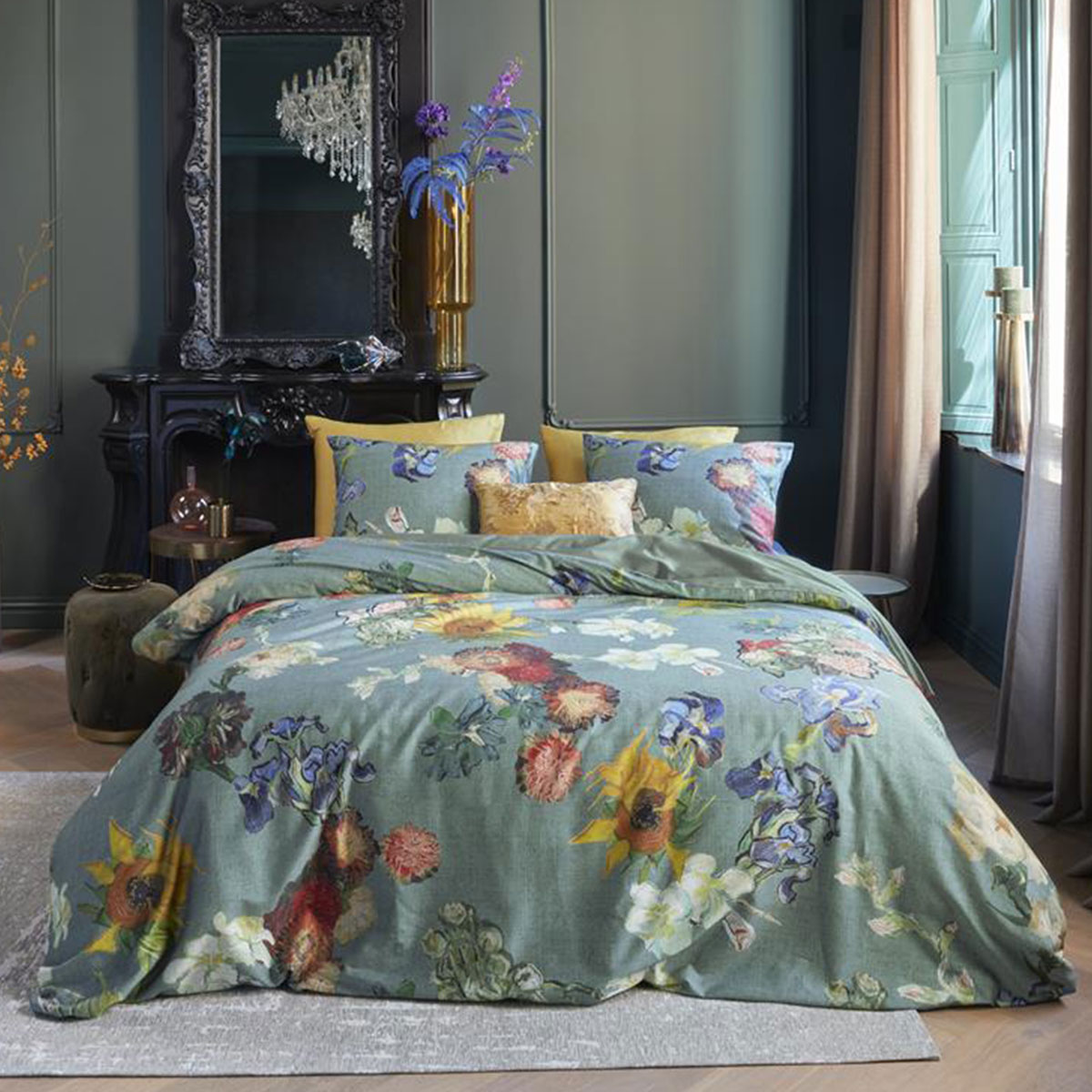 V442-HIN-QUILTCS-PARTOUTDESFLEURS-GREEN-QS-83630-00 Bedding House Van Gogh Partout des Fleurs Green Cotton Sateen Quilt Cover Set Queen - Image 1