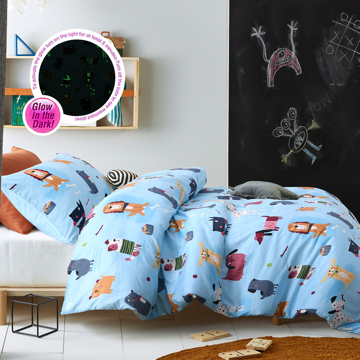 V442-HIN-QUILTCS-WOOF-BLUE-SB-83455-00 Happy Kids Woof Glow in the Dark Quilt Cover Set Single - Image 1