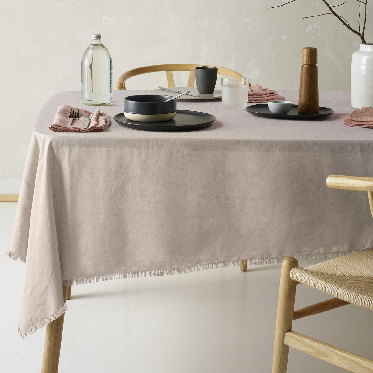 V442-HIN-TABLEC-GYPSYLINENC230CM-NATURAL-RE-202822-00 Vintage Design Homewares Gypsy Natural Fringed Washed Linen Cotton Tablecloth 150cm x 230cm - Image 1