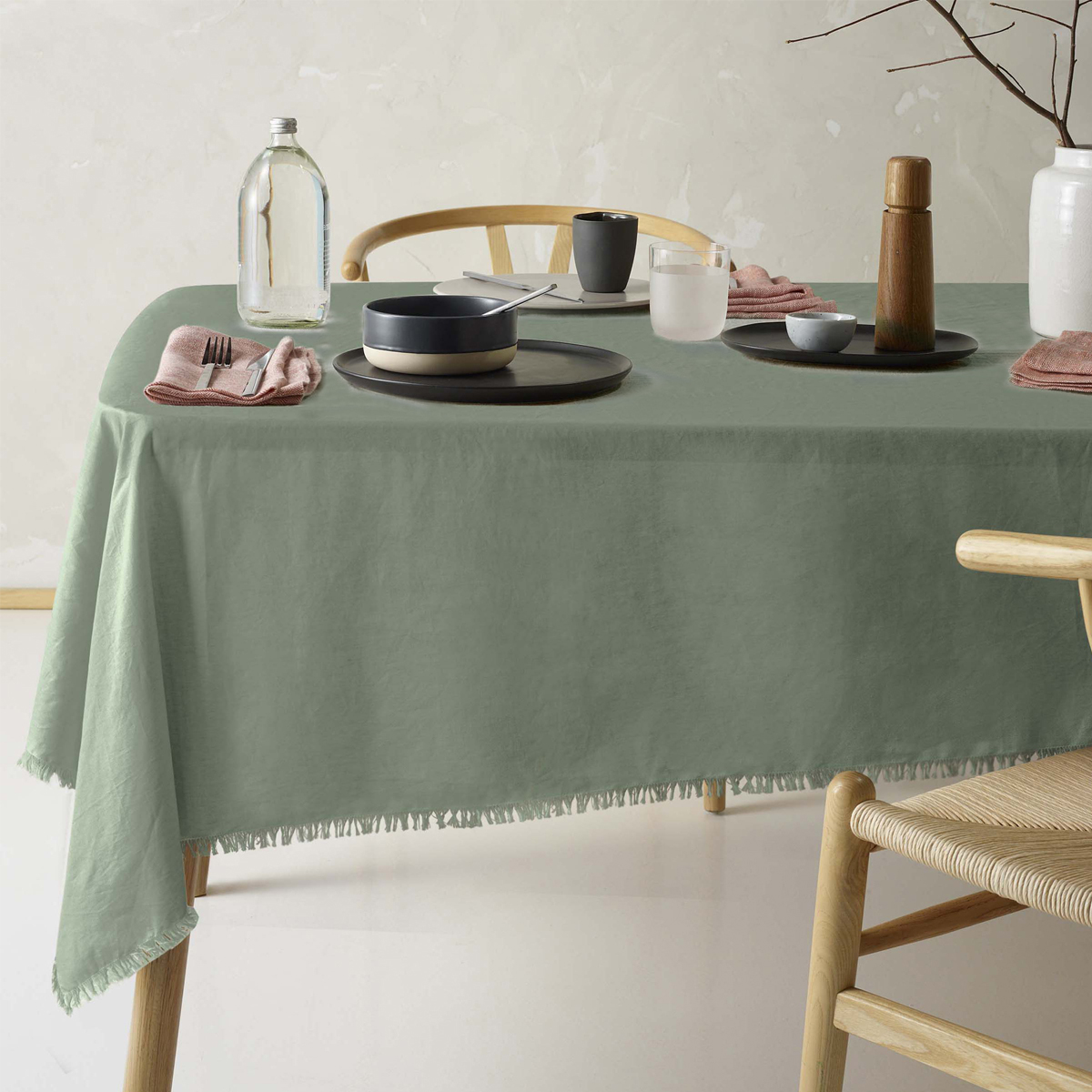 V442-HIN-TABLEC-GYPSYLINENC275CM-GREEN-RE-202840-00 Vintage Design Homewares Gypsy Green Fringed Washed Linen Cotton Tablecloth 150cm x 275cm - Image 1