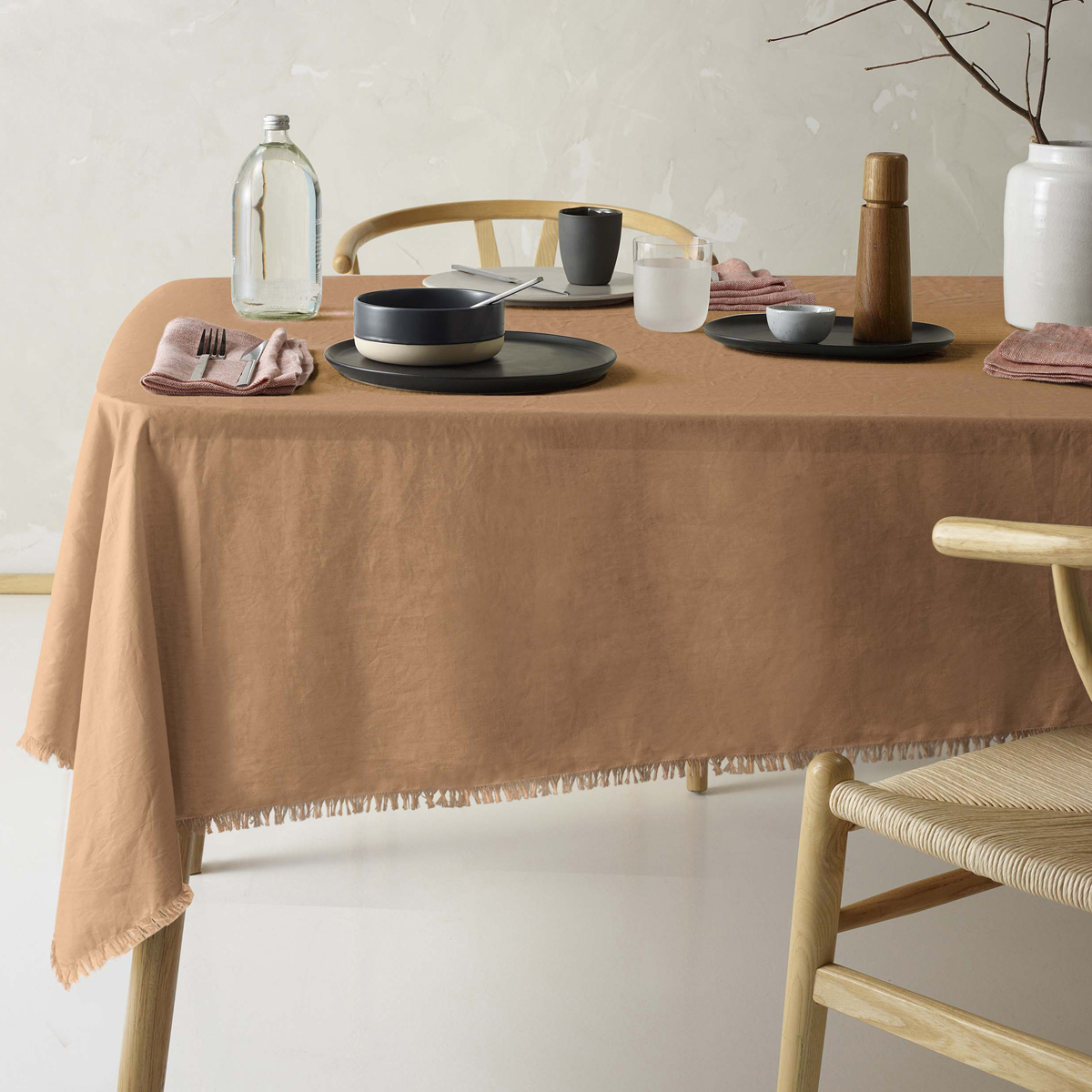 V442-HIN-TABLEC-GYPSYLINENC275CM-TERRA-RE-202832-00 Vintage Design Homewares Gypsy Terracotta Fringed Washed Linen Cotton Tablecloth 150cm x 275cm - Image 1