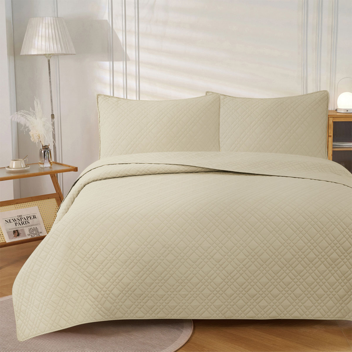V442-IDC-COVERLETS-MORRIS-BEIGE-QS-167475-00 Jane Barrington Morris Beige Ultrasonic Embossed Lightly Quilted Reversible Coverlet Set Queen - Image 1