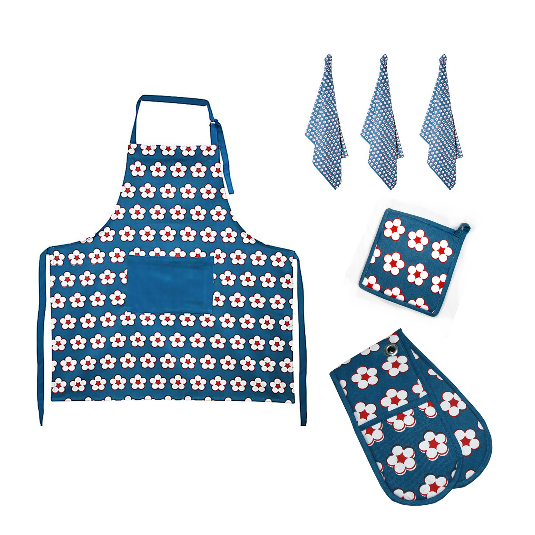 V442-IDC-MISC-6PCEKITCHENSETCOTTONBUD-NAVY-SH-78642-00 IDC Homewares 6 Pce Cotton Bud Cotton Kitchen Set Navy - Image 1