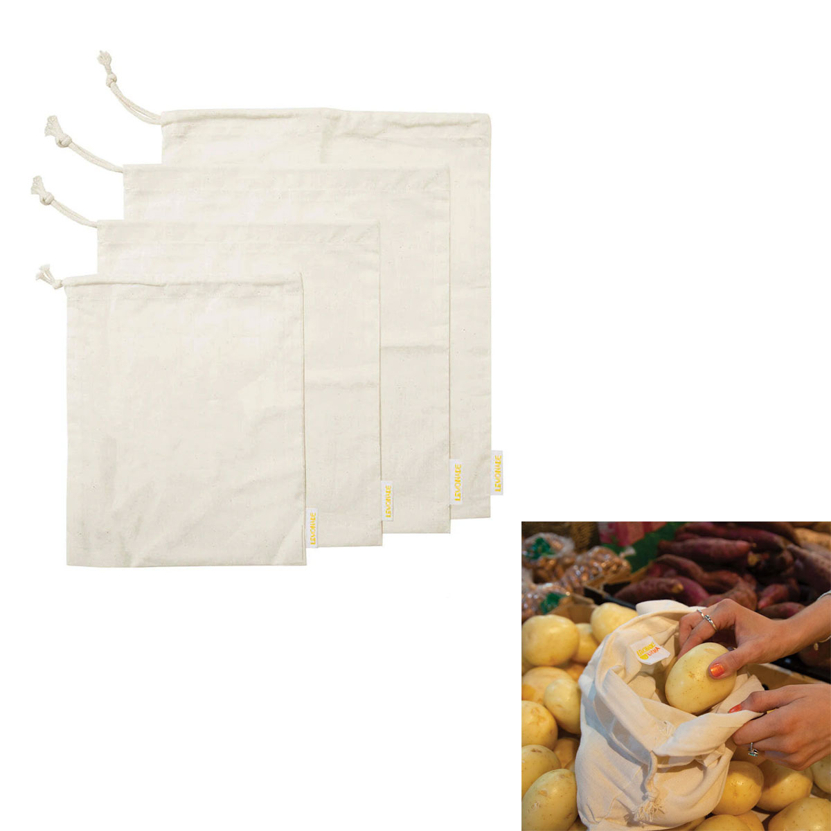 V442-IDC-MISC-SETOF4MUSLINBAGSET-NATURAL-RE-183889-00 J Elliot Home Lemonade Karma Set of 4 Cotton Eco-Friendly Natural Muslin Storage Bag Set - Image 1