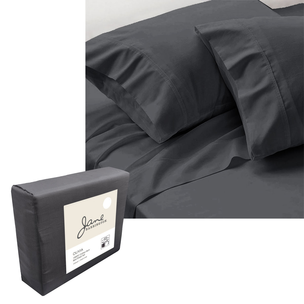 V442-IDC-SHEETS-OLIVIA1200TC-CHARCOAL-QS-177462-00 Jane Barrington 1200TC Olivia Cotton Rich Sheet Set 40cm Wall Charcoal Queen - Image 1