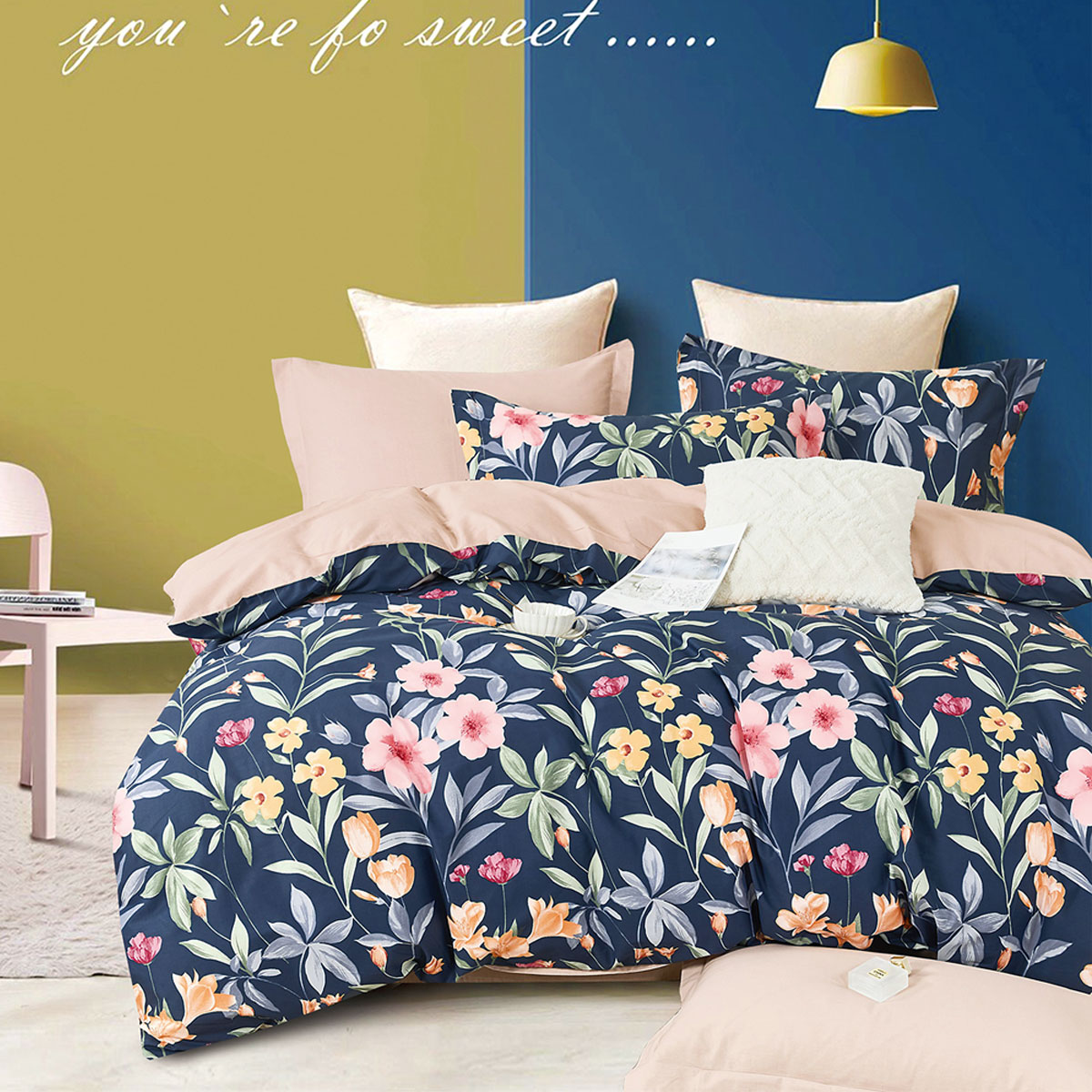 V442-INT-QUILTCS-250TCARIANA-NAVY-QS-159143-00 Ardor 250TC Ariana Floral Cotton Sateen Quilt Cover Set Queen - Image 1