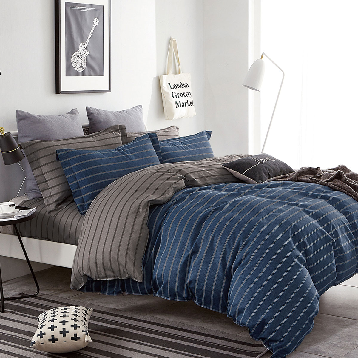 V442-INT-QUILTCS-250TCOLIVER-NAVY-QS-159145-00 Ardor 250TC Oliver Stripes Cotton Sateen Quilt Cover Set Queen - Image 1