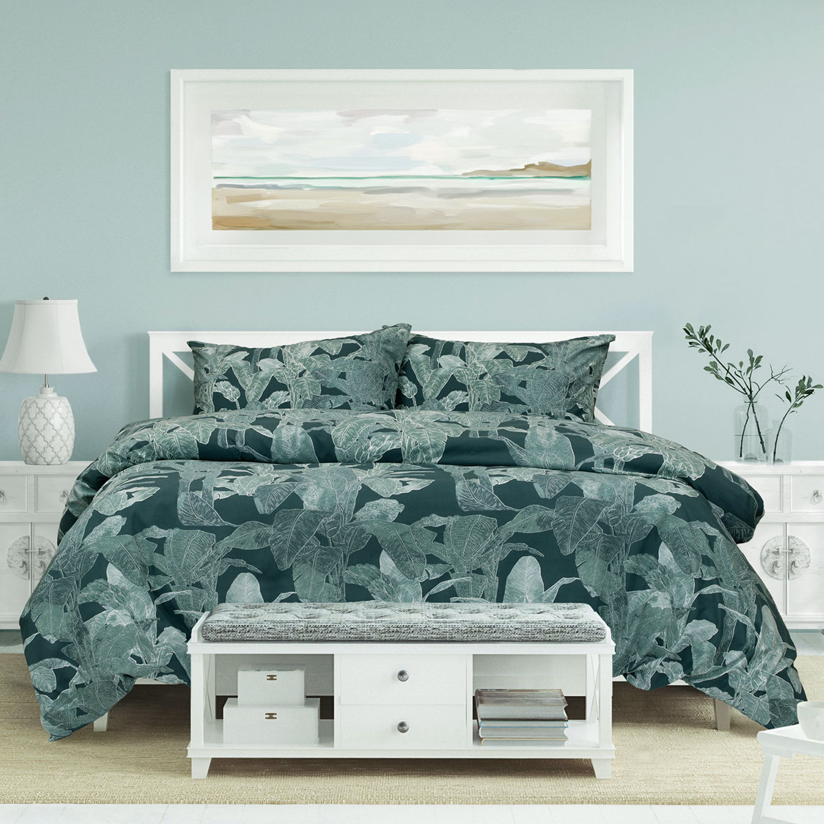 V442-INT-QUILTCS-INDRAPRINTED-TEAL-QS-202506190426-00 Ardor Indra Teal Palm Leaf Printed Quilt Cover Set Queen - Image 1