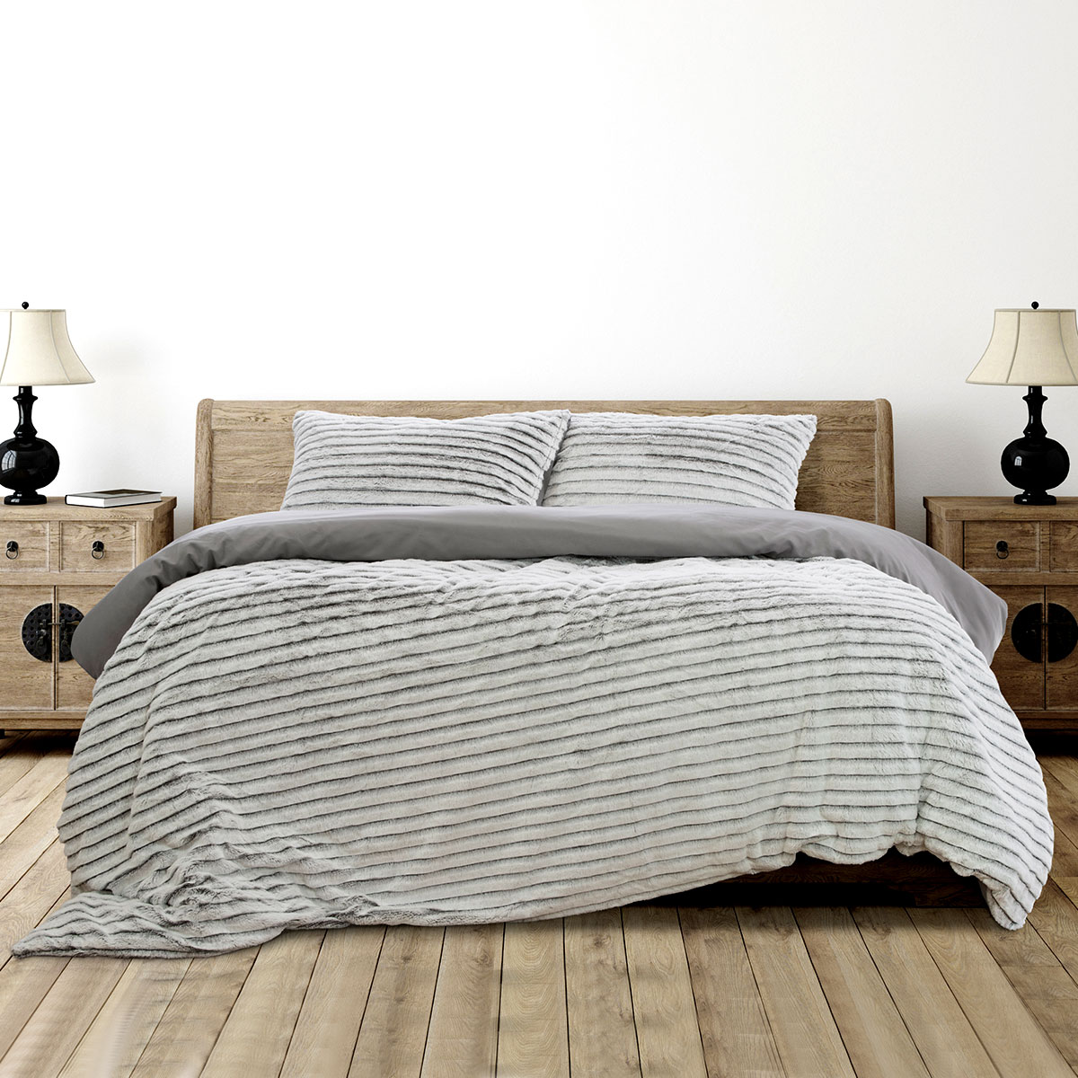 V442-INT-QUILTCS-STRIPEDFAUXFUR-GREY-KI-144545-00 Ardor Striped Faux Fur Grey Super Soft Quilt Cover Set King - Image 1