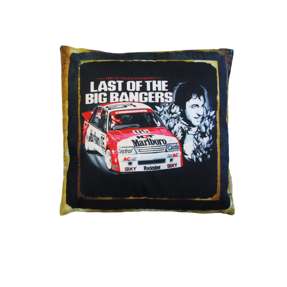 V442-JTC-CUSHION-BIGBANGERS-BLACK-SQ-145771-00 Australian Mancave Retro Cushion Big Bangers Holden Commodore 40 x 40 cm - Image 1