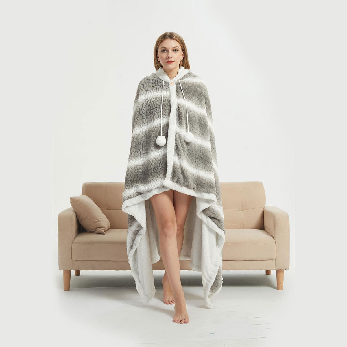 V442-KIT-BATHROBE-HOODED-GREYSTRIPE-SH-145709-00 Ramesses Faux Fur Hooded Robe Grey White Stripe - Image 1