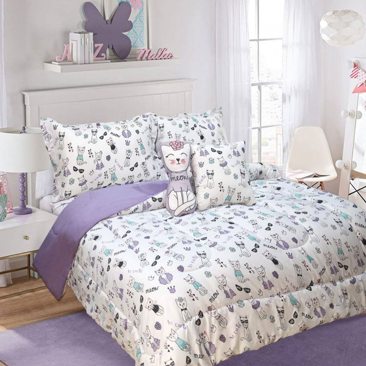 V442-KIT-COMFORTER-3PCESCAT-LILAC-DS-146469-00 Ramesses 5 Piece Kids Comforter Set Cat Double - Image 1