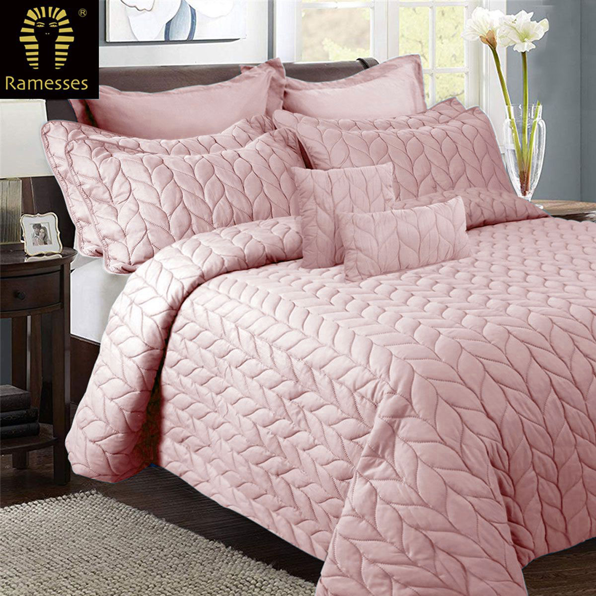 V442-KIT-COMFORTER-9PCESULTRASONIC-ROSEPINK-KI-146452-00 Ramesses 9 Piece Ultrasonic Comforter Set King Rose Pink - Image 1