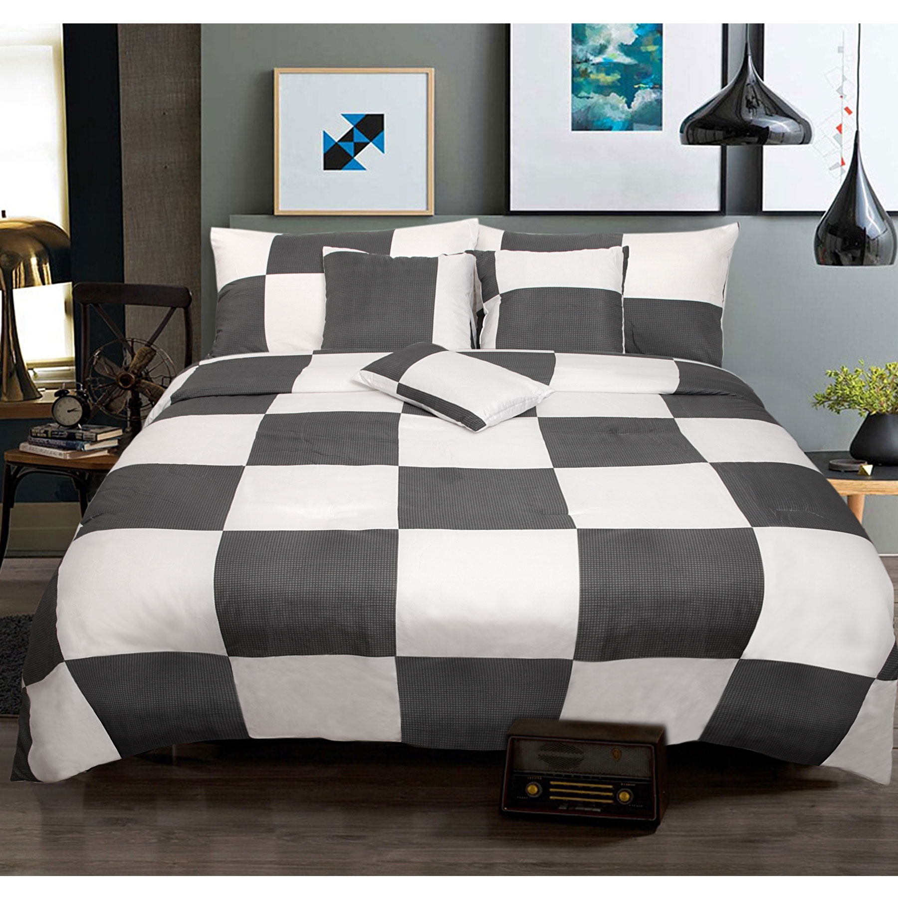V442-KIT-COMFORTER-CHECK-CHARCOAL-QS-146466-00 6 Piece Comforter Set Check Charcoal Queen by Shangri La - Image 1