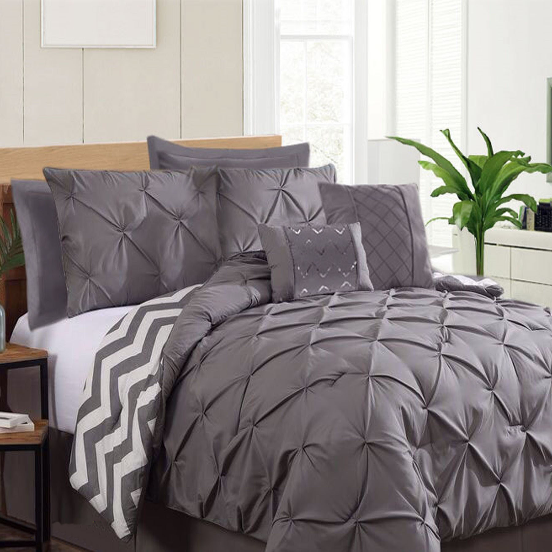 V442-KIT-COMFORTER-PINCHPLEAT-CHARCOAL-QS-146451-00 Ramesses 7 Piece Pinch Pleat Comforter Set Charcoal Queen - Image 1