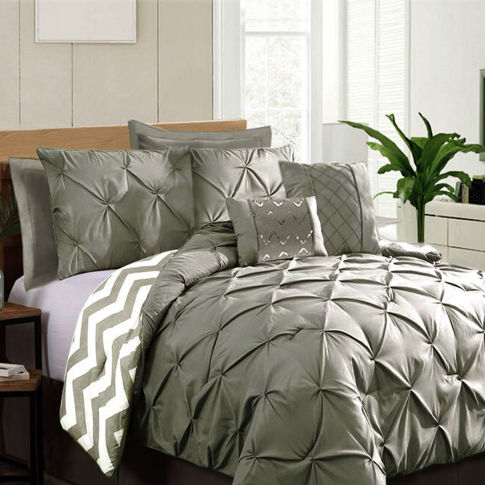 V442-KIT-COMFORTER-PINCHPLEAT-GREY-QS-146449-00 Ramesses 7 Piece Pinch Pleat Comforter Set Grey Queen - Image 1