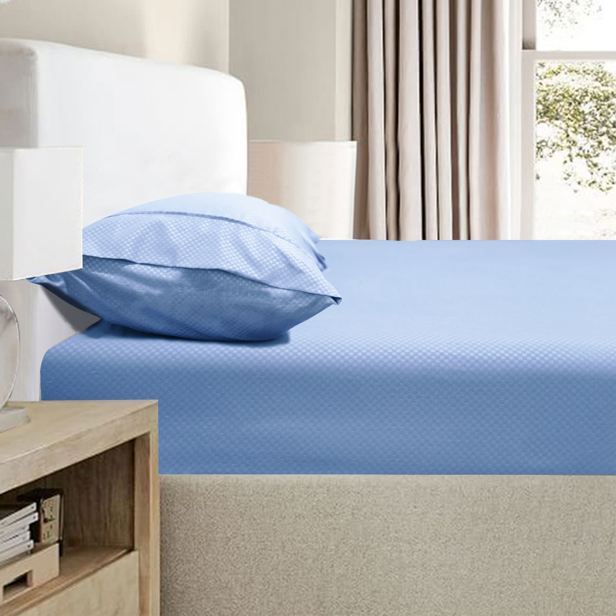V442-KIT-FITTEDSS-2000TCBAMBOO-MIDBLUE-QS-174599-00 Ramesses 2000TC Bamboo Embossed Fitted Sheet Combo Set Mid Blue Queen - Image 1