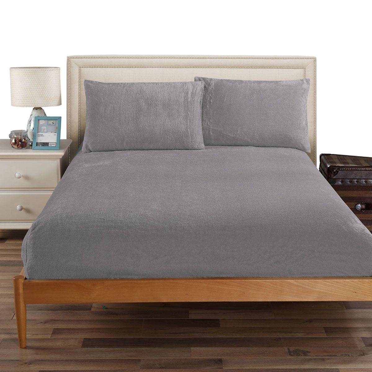 V442-KIT-FITTEDSS-TEDDYFLEECE-CHARCOAL-DS-174728-00 Ramesses Teddy Fleece Fitted Sheet Combo Set Charcoal Double - Image 1